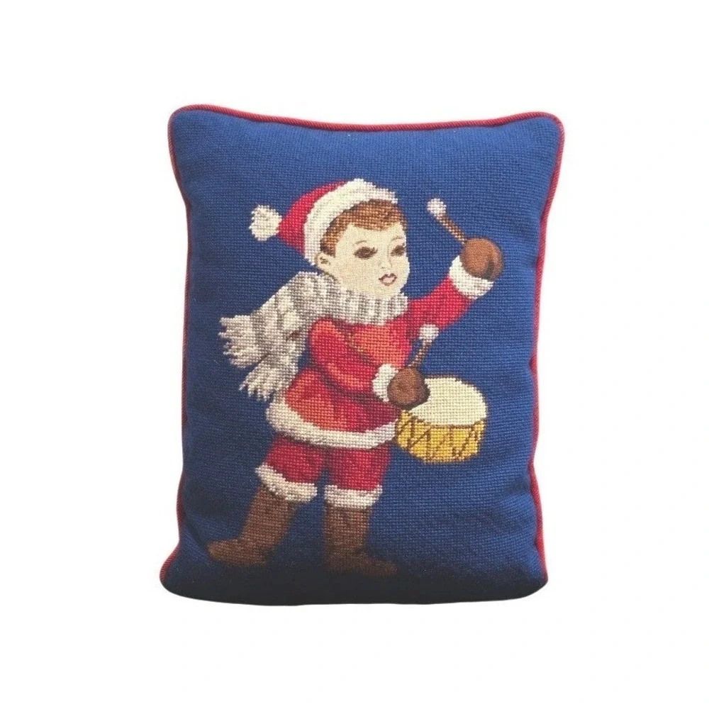 Vintage Christmas Needlepoint Throw Pillow, Little Drummer, Red Corduroy 15